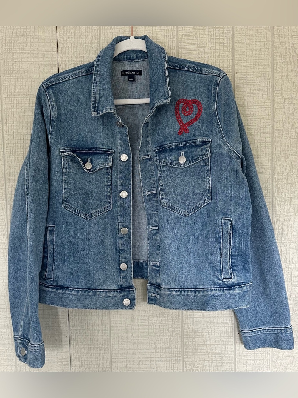 J CREW Mercantile cropped denim jacket embroidered heart Size L